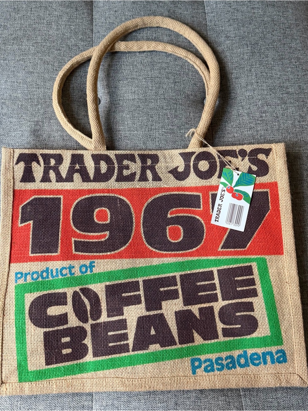 1967 Coffee Beans Jute Tote Bag - Natural with Red/Green/Black Print